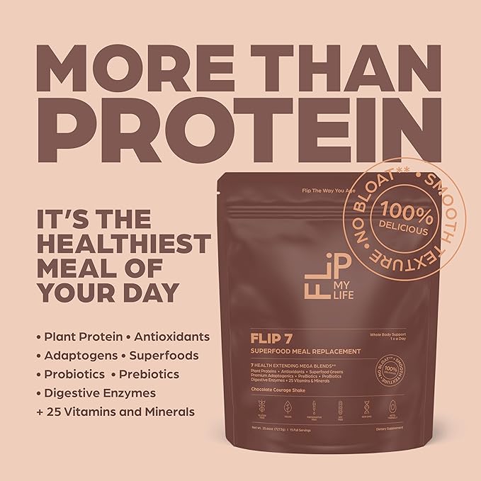 Flip My Life Flip 7 Natural SuperFood Plant-Based Protein Complete Meal Replacement to Support Healthy Gut 7 Mega Nutrient Rich Blends all in one to AGE BETTER - Chocolate
