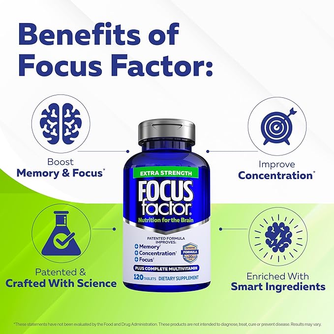 Focus Factor Adults Extra Strength 120 Count - Brain Supplement for Memory Concentration and Focus - Complete Multivitamin with DMAE Vitamin D DHA - Trusted Health Vitamins
