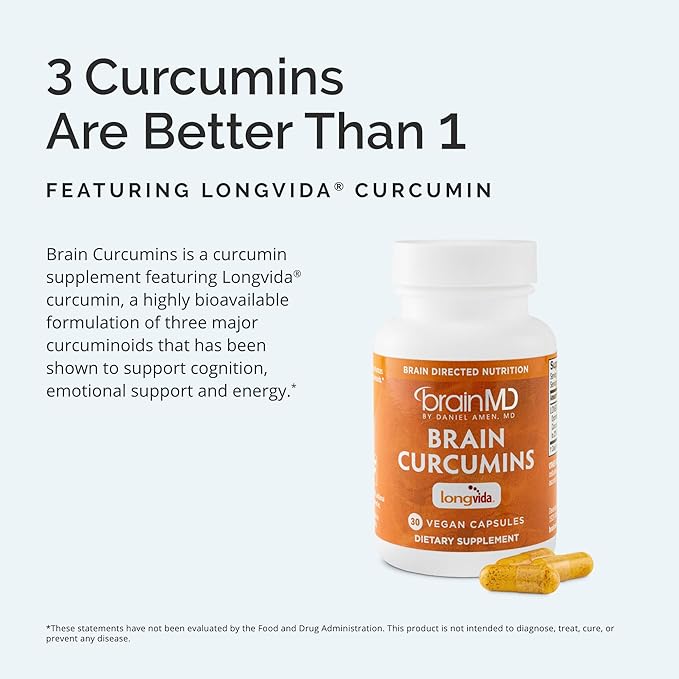 BRAINMD Brain Curcumins - 30 Vegan Capsules - With Longvida Curcumin - Gluten Free - 30 Servings