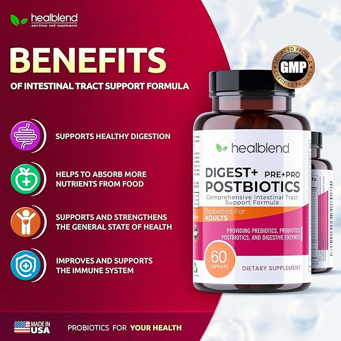 Digest + Postbiotics Supplement for Women and Men Multi Enzymes Organic Prebiotic &amp Probiotic for Digestive Health with Bromeline Papin and Lipase Non-GMO Gluten-Free 60 Vegetarian Caps (3)