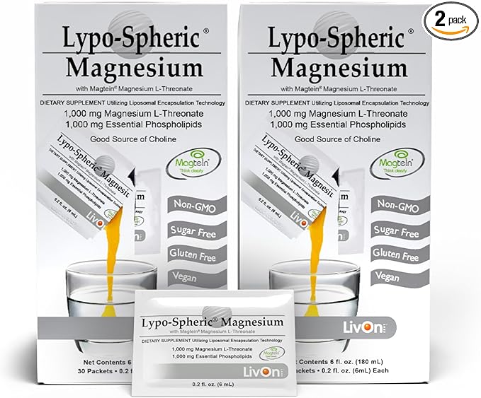 Lypo-Spheric Magnesium L-Threonate – 30 Packets – 77 mg Magnesium Per Packet – Liposome Encapsulated for Maximum Bioavailability – Professionally Formulated &amp 100% Non-GMO - 2 Pack