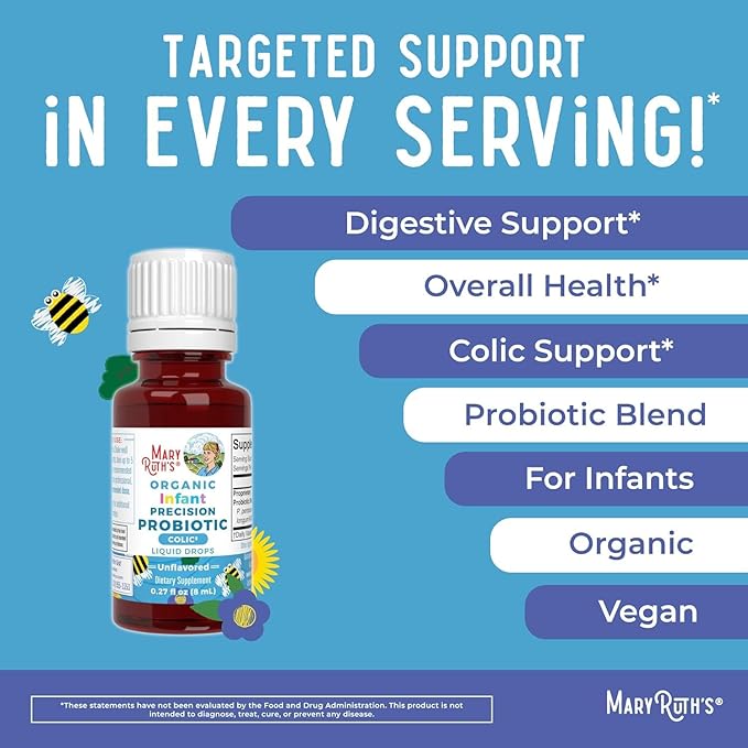 MaryRuth Organics Infant Precision Probiotics Colic &amp Vitamin D3 Drops | USDA Organic Clean Label Project Verified® | Vitamins for Immune Support &amp Overall Wellness | Vegan Non-GMO Gluten F