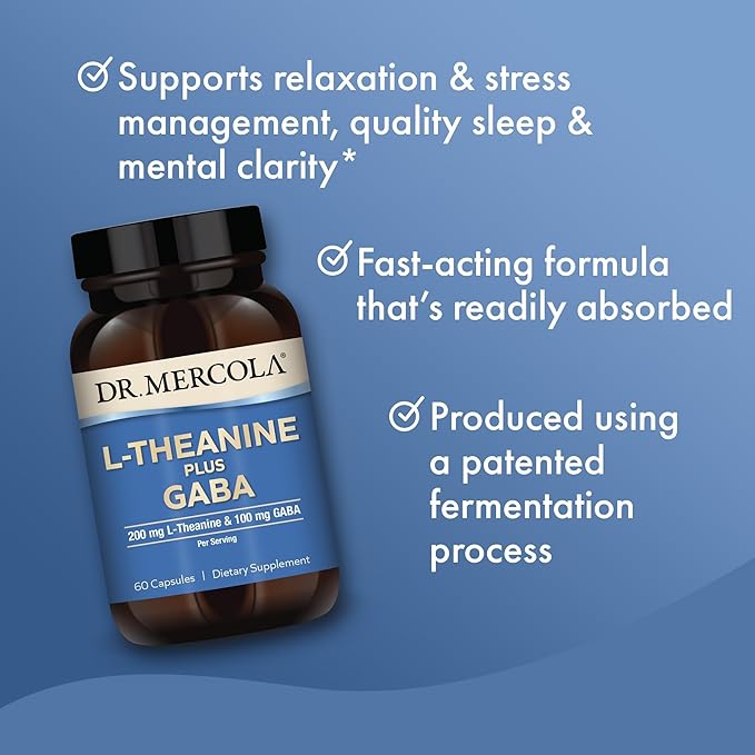 Dr. Mercola L-Theanine Plus GABA - Supports Relaxation - Focus &amp Cognitive Function - Stress Support Supplement - 200 mg L-Theanine - 100 mg GABA - 60 Capsules