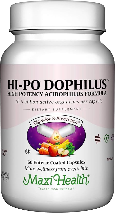Maxi Health Hi-Po Dophilus Probiotics for Digestive Health &amp Immune Support – Probiotics for Women and Men with 10.5 Billion CFU – Kosher Vegan Non-Dairy 60 Capsules