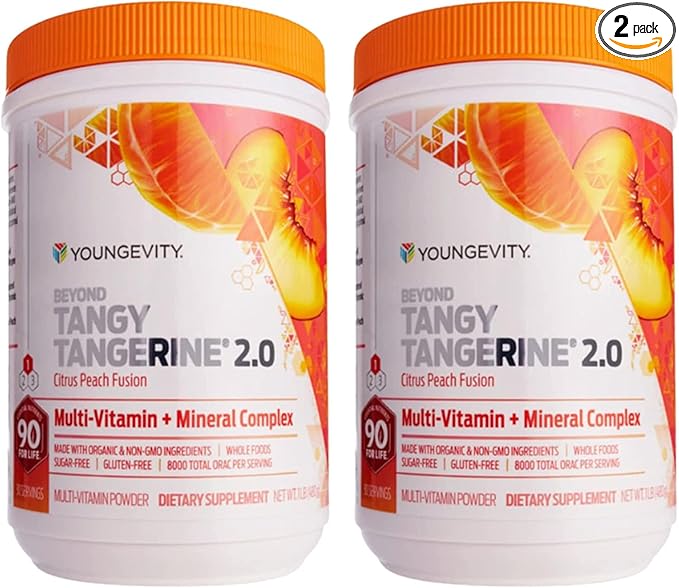 Youngevity Beyond Tangy Tangerine 2.0 Citrus Peach Ultimate Multi-Vitamin &amp Mineral Complex - Made with Natural &amp Whole Foods | 8000 ORAC | 2 Canisters