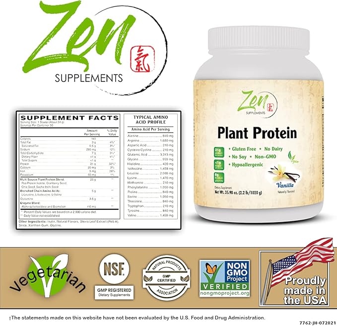 Zen Supplements - Plant Protein-Vanilla 1020G 2.2LB-Powder - 25 Grams of Protein Per Serving -Vegan Low Net Carbs Non Dairy Gluten Free Lactose Free No Sugar Added Soy Free Kosher Non-GMO