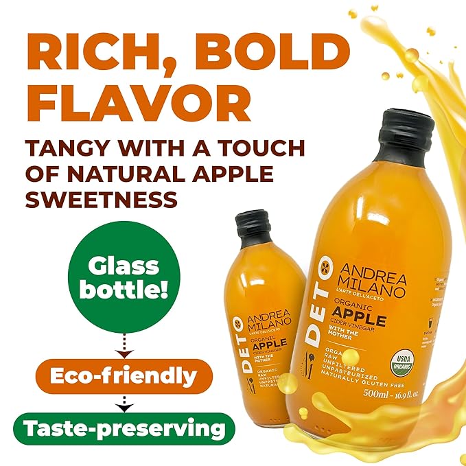 Andrea Milano Organic Apple Cider Vinegar – Raw Italian Natural Vinegar with the Mother Unfiltered Unpasteurized Non-GMO Vegan Bulk Glass Bottle (16.9 fl oz(Pack of 3))
