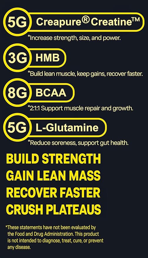 Creapure® German Creatine + HMB | Build Strength | Gain Lean Muscle | Recover Faster | Crush Plateaus | 5G Creapure® Creatine Monohydrate | 3G HMB | 8G BCAA | 5G L-Glutamine | 30 Servings | Unflavored