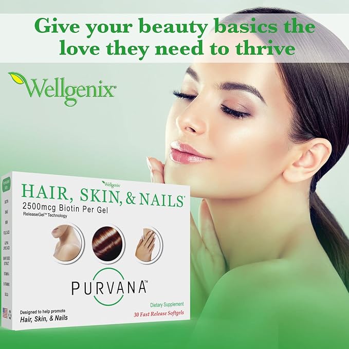 Wellgenix Purvana Hair Skin and Nails Supplement – 2500mcg Biotin Softgels with MSM &amp B-Complex – Daily Beauty Support for Stronger Nails &amp Hair Vitality – 60 Softgels (2 Pack)