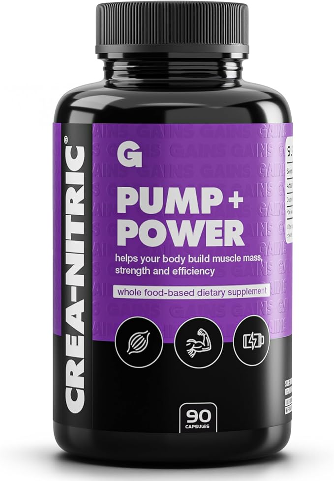 Gains in Bulk Crea-Nitric Creatine Nitrate Pre Workout Supplement Nitric Oxide Support Gluten Free Promotes Muscle Strength Pump and Non-Stim Energy Supplements for Men and Women 90 Capsules