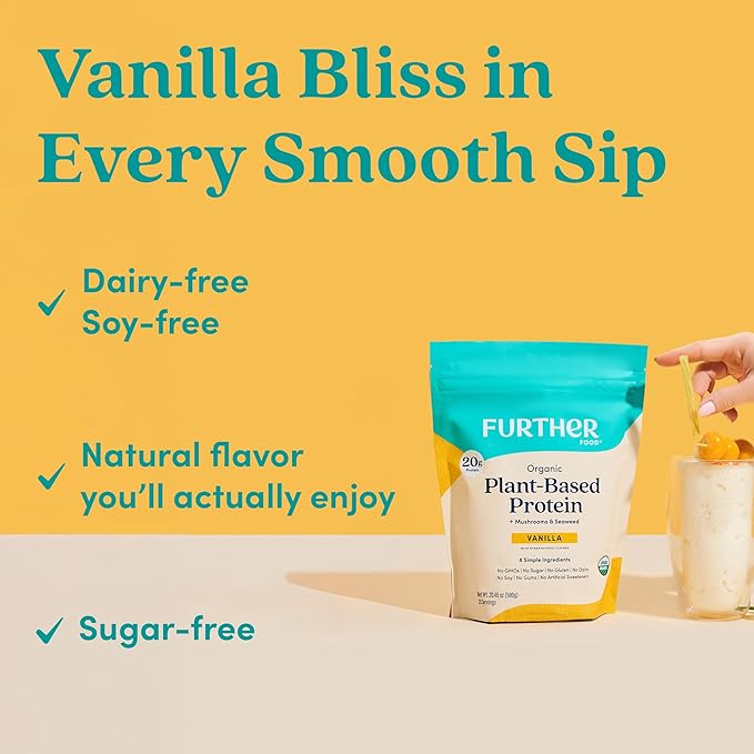 Further Food Organic Vegan Protein Powder Vanilla – 20g Pea Protein with Mushrooms &amp Seaweed Non-GMO Gluten Free Sugar Free 20.46 Oz