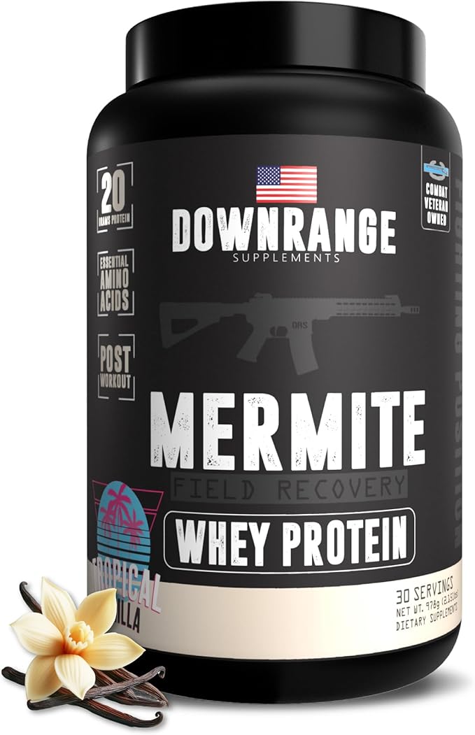 DownRange Mermite Whey Protein Powder Post Workout Muscle Recovery &amp Energy Support Drink Mix Supplement with 20g Whey Protein 9g Amino Acid 30 Servings (Vanilla)