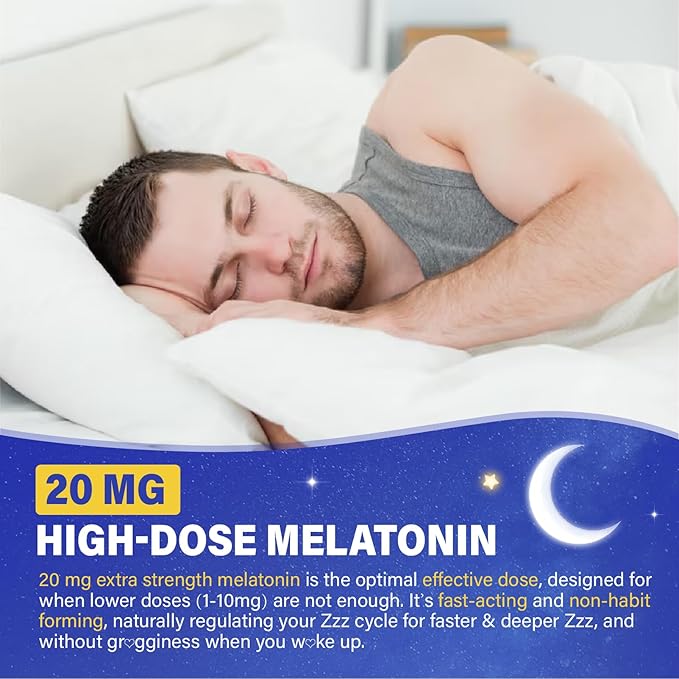 Melatonin 20mg Gummies for Adults - Max Strength Melatonin Gummy Supplement with Magnesium Glycinate B6 B12 L-Theanine GABA &amp Herbs - Non-Habit Forming Vegan Natural Mixed Berry Flavor