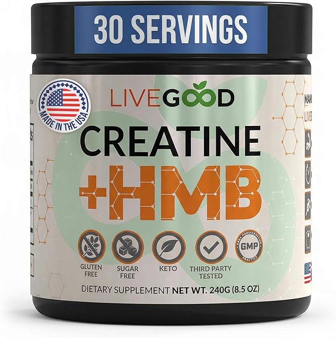 LIVEGOOD Creatine Monohydrate with HMB for Lean Muscle Growth &amp Recovery – HMB Creatine Powder for Men and Women – Unflavored Creatine 30 Servings