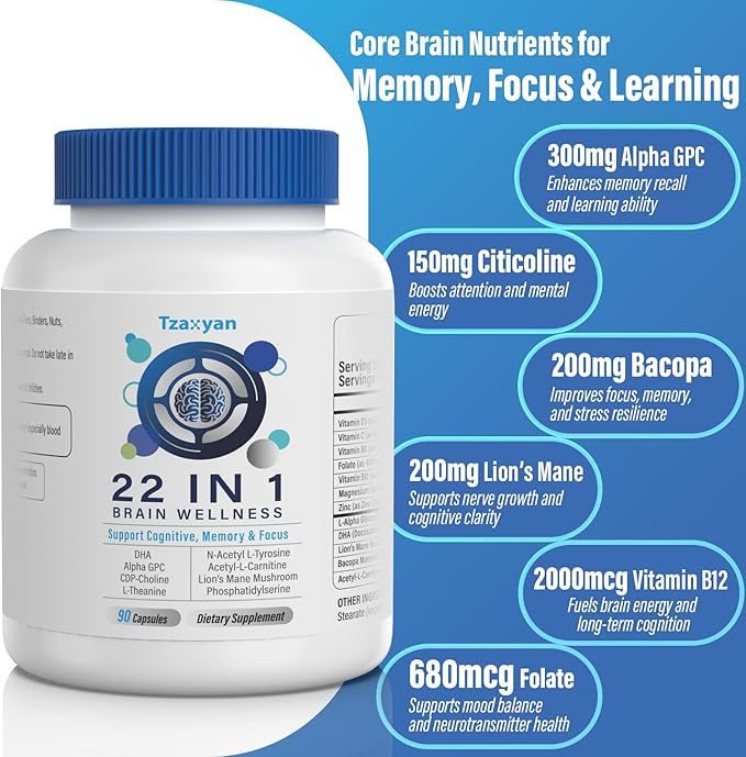 Brain Supplements for Memory and Focus Clarity &amp Cognitive Improvement 300mg Alpha GPC CDP-Choline DHA Lion’s Mane L-Theanine Vitamin B6 B12 &amp Phosphatidylserine for Men &amp Women 90
