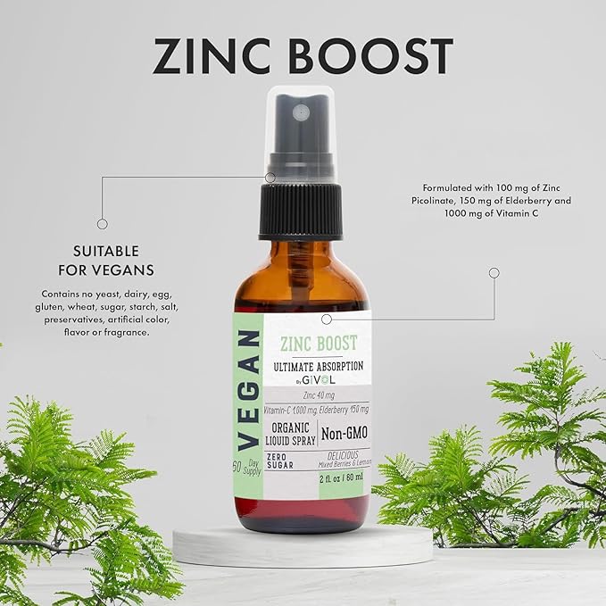 Organic ZINC Boost Mist 40 mg (Extra Strength) - Sugar Free with Vit C and Elderberry Extract - Vegan Liquid Spray for Kids and Adults - Easy Absorption - Non-GMO - (60 ml) 60 Days Supply