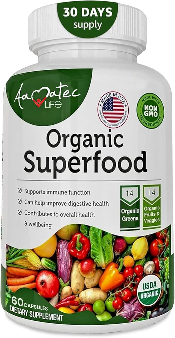 Organic Superfood Greens Fruits and Veggies Complex - Dietary Supplement with 14 Greens and 14 Fruits &amp Vegetables with Alfalfa Rich in Antioxidant Organic Ingredients Non-GMO 60 Count
