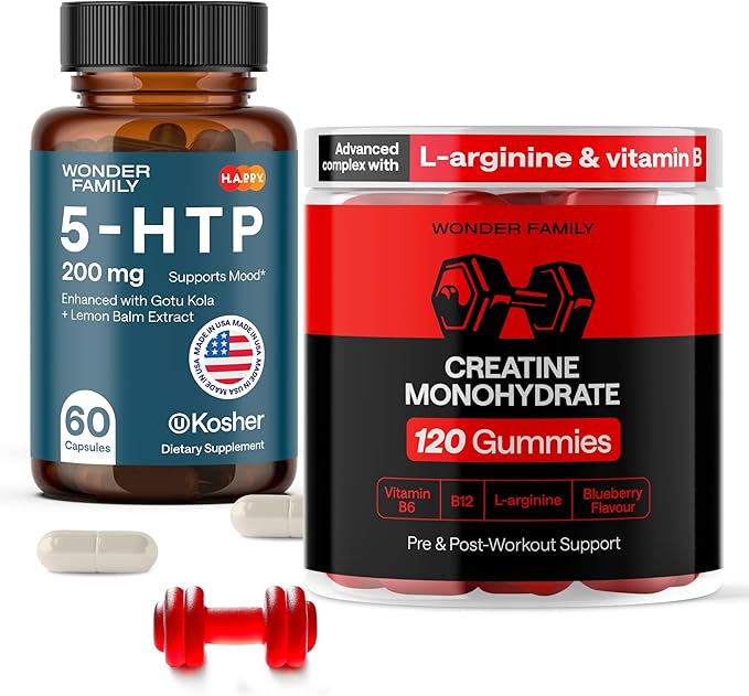 Better Fitness Bundle - 5-HTP Supplement for Energy Creatine Monohydrate Gummies 5g for Muscle &amp Strength - 120 Creatine Chewables 60 5HTP 200mg Capsules