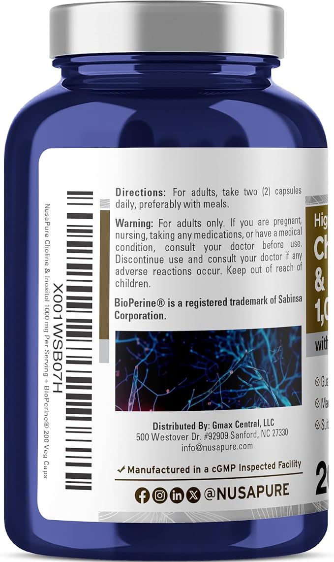 NusaPure Choline &amp Inositol - Suitable for Vegetarian/Vegan Non - GMO - 1000mg - 200 Veggie Capsules