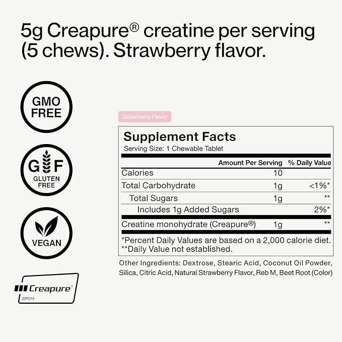 Momentous Creatine Chews - Creatine Monohydrate - Supports Strength Lean Muscle &amp Recovery for Men &amp Women - NSF Certified for Sport - 150 Chewable Tablets - Strawberry