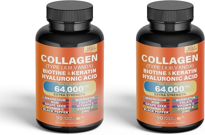 Multi Vital Collagen Peptides Capsules - Types I II III V &amp X Biotin Keratin Hyaluronic Magnesium Zinc Vitamin A C E Grape Seed Extract Quercetin with Folate (2)