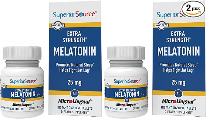 Superior Source Extra Strength Melatonin - Melatonin Supplement for Adults - Natural Sleep &amp Relaxation Support Formula - 25 mg Instant Dissolve Tablets (Pack of 2)