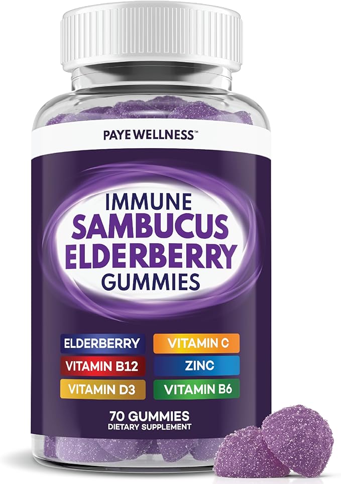 PAYÉ Elderberry Gummies Immune Support Daily Support for Kids and Adults* with Sambucus Elderberry Zinc Vitamin C D3 B6 B12 Plus - Dietary Supplement - 70 Count
