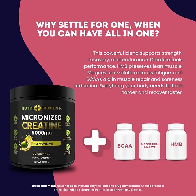Micronized Creatine Powder with BCAAs + HMB for Muscle Growth Strength &amp Recovery | Lemon Lime Flavor | 30 Servings