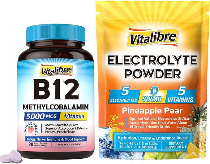Vitamin B12 Sublingual 5000 mcg 90 Tablets and Electrolytes Powder Packets 16 Stick Packs