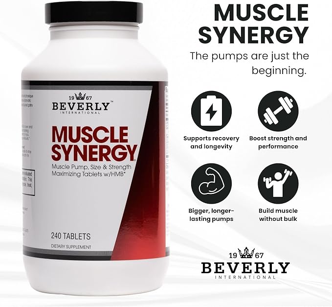 Beverly International Muscle Synergy 240 TABS (15 Servings) Clinically Dosed Ingredients - HMB L-Arginine L-Citrulline Creatine Monohydrate L-Ornithine. Bigger-Stronger-Lasting Pumps.