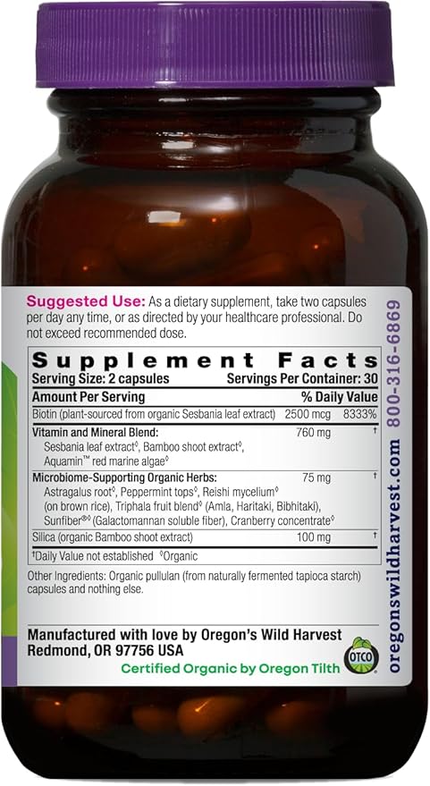 Oregon's Wild Harvest Biotin &amp Silica – USDA Certified Organic Vegan Capsules for Hair Skin &amp Nail Support with Microbiome-Supporting Herbs – Non-GMO 60 Count