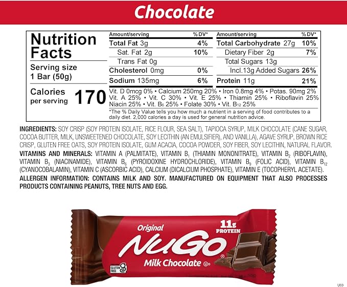 NuGo Protein Bar Chocolate 11g Protein Gluten Free 15 Count