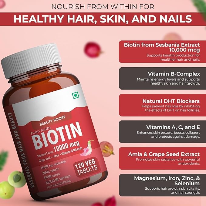 Plant Based Biotin Tablets -120 Veg Tablets Sesbania with Amla Grapeseed &amp Hair Multivitamins Biotin Helps Hair Growth Strong Hair Glowing Skin &amp Nails for Men Women