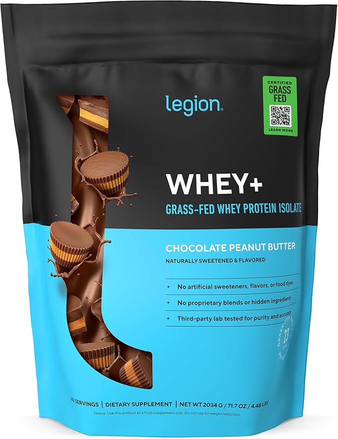LEGION Whey+ Protein Whey Isolate from Grass Fed Cows (Chocolate Peanut Butter 60 Servings) - Whey Protein Isolate Low Calorie Non-GMO Sugar Free Lactose Gluten Free All Natural Protein Powder