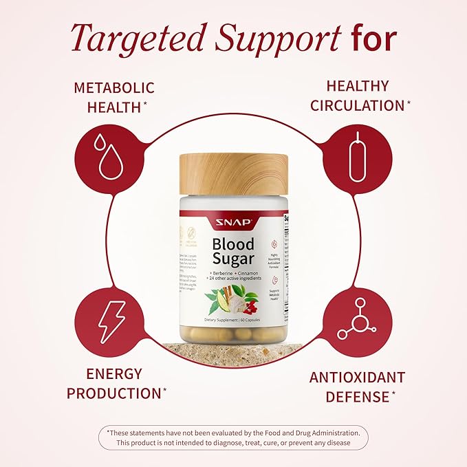 Snap Supplements Blood Sugar Blend with Berberine CoQ10 Cinnamon and Gymnema to Support Already Healthy Blood Sugar Metabolic Health and Energy Sugar Free 60 Capsules 2-Pack (Packaging May Vary)