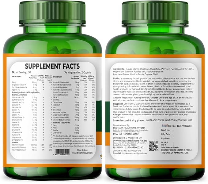 10000 MCG Biotin Supplement Capsules Promote Hair Skin &amp Nails Health Enriched with Sesbania grandiflora Vitamin C Grape Seed &amp Bamboo Extract for Men Women - 60 Capsule