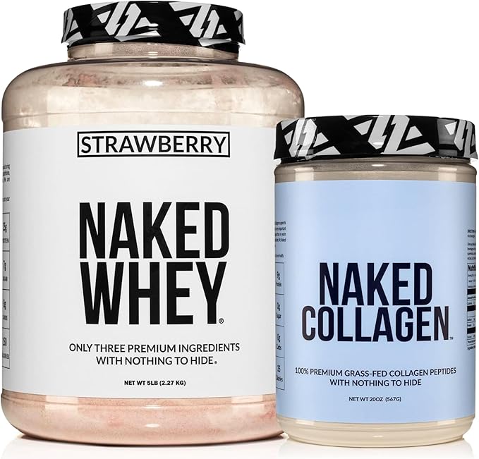 NAKED Strawberry Whey Protein Powder 5LB (61 Servings) + Collagen Peptides Protein Powder 20oz (60 Servings) – Grass-Fed Bulk Non-GMO Gluten Free Soy Free