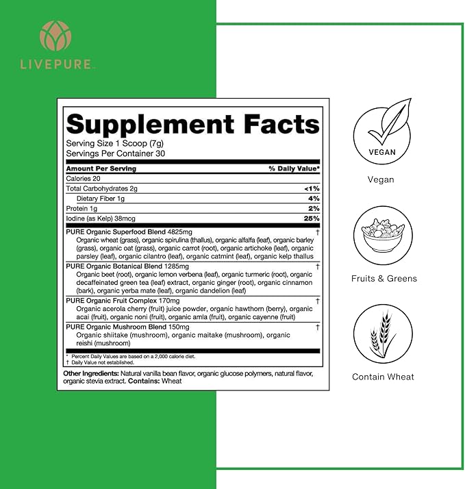 Pure Greens 210g - Greens Powder with Superfoods Antioxidants and Phytonutrients with Four Proprietary Blends. Easily Mix with Water or Juice. Vegan-Friendly Naturally Sweetened with Stevia.