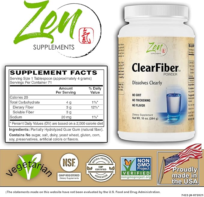 Zen Supplements - Clearfiber - Supports a Healthy Gut &amp Digestive Regularity Feeds Good Bacteria Ease Gas &amp a Complement for Probiotics 10 Oz-Powder