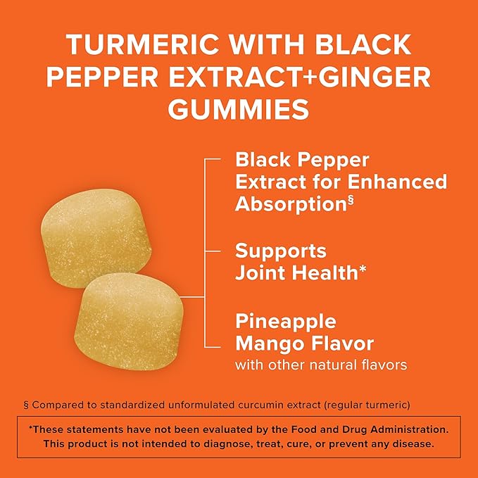 Qunol Turmeric and Ginger with Black Pepper Gummies Turmeric Curcumin Supplement Joint Health Support Gummy 90ct Gummies