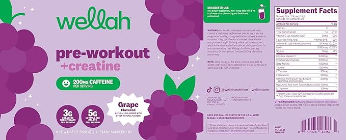 Wellah Pre-Workout + Creatine Powder (30 Servings) Grape - 200mg Caffeine 3g Creatine Monohydrate 5g Citrulline Malate Pre-Workout with Creatine Supplement