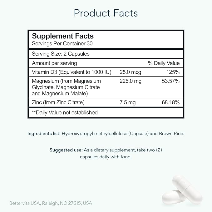 Bettervits Magnesium Glycinate Complex with Citrate Malate Zinc &amp Vitamin D3 | High Absorption Pure Magnesium 225mg Supplement Chelated Formula for Muscle Relaxation Sleep Support – 60 Capsules
