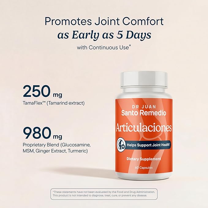 Santo Remedio Articulaciones Joint Health Support Supplement Promotes Joint Comfort Mobility &amp Function Clinically Proven TamaFlex™ Formula 60 Capsules per Jar (30 Servings) Pack of 3