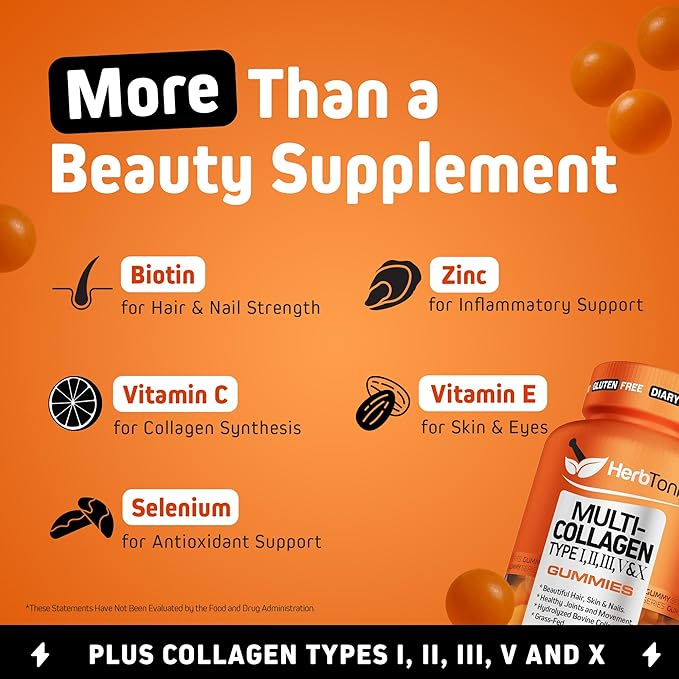 Herbtonics Multi Collagen Gummies with Biotin &amp Vitamin C Hydrolyzed Collagen Peptides Types I II III V X for Hair Skin Nails &amp Bone Support - Tropical Flavor 60 Gummies