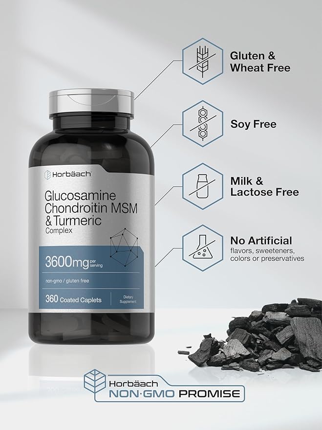Horbäach Glucosamine Chondroitin MSM | 360 Caplets | Advanced Formula with Turmeric | Non-GMO Gluten Free
