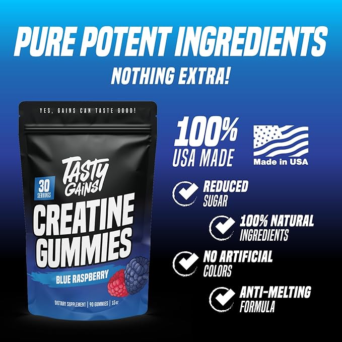 TASTY GAINS Creatine Gummies - 90g of Creatine Monohydrate - Workout Supplements - Build Muscle &amp Boost Strength for Men &amp Women - Made in USA - Non GMO - Vegan Friendly (Large Blue Raspberry