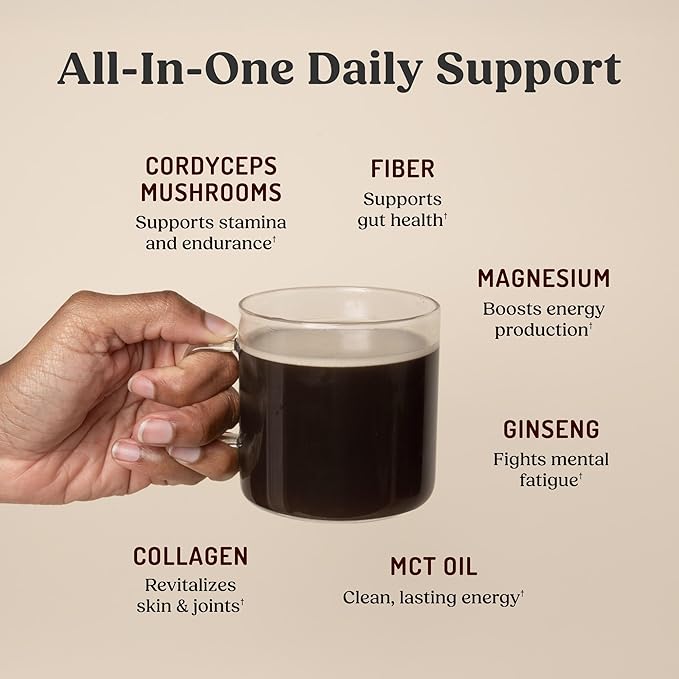 Bulletproof Dark Chocolate Energy Collagen Protein 19.3 Ounces Caffeine-Free Fuel with Vitamins and Antioxidants Blend with Ginseng Magnesium Cordyceps Mushroom