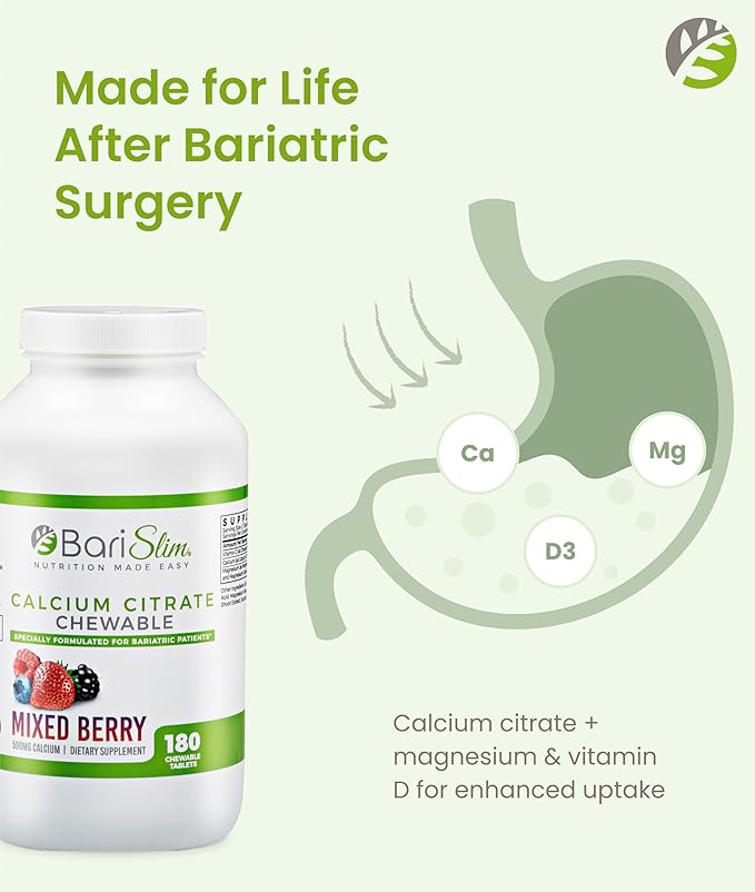 BariSlim Bariatric Calcium Citrate with Magnesium &amp Vitamin D Tabs - 500mg Calcium Citrate - Formulated for Post Weight Loss Surgery - Supports Bone Health | Mixed Berry | 180 Tablets
