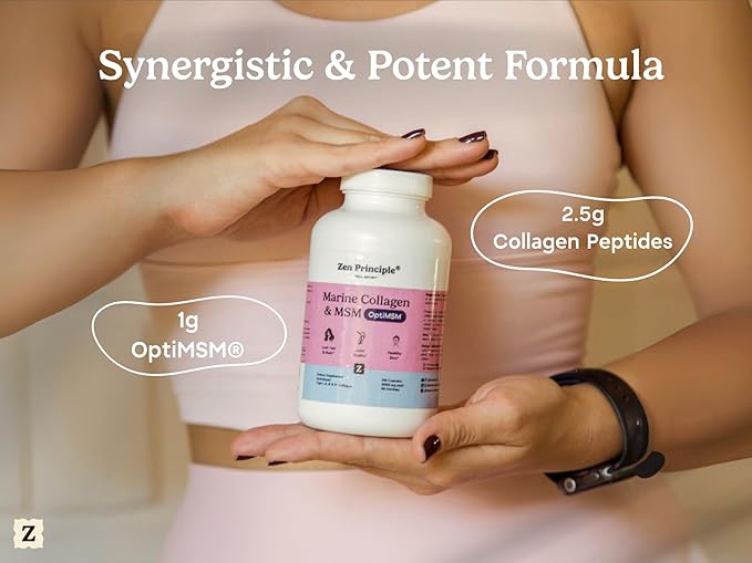 Zen Principle Marine Collagen Peptides Powder with OptiMSM® Supplement. Clinically Tested for Skin Support. Wild-Caught Fish Non-GMO. 210 Capsules.