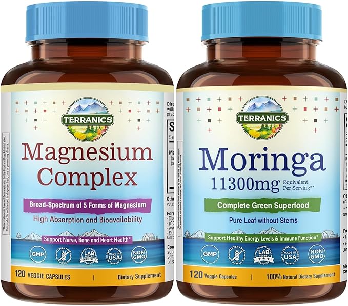 Terranics Magnesium Complex &amp Moringa Capsules Bundle - 500mg 5 Forms Magnesium Glycinate Citrate Malate Aspartate Gluconate + 11300mg Pure Moringa Leaf Powder 120 Capsules Each